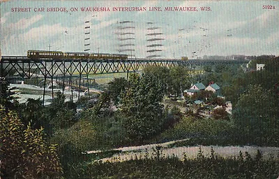  Postcard Street Car Bridge Waukesha Interurban Line Milwaukee WI  • $20