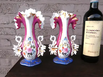 PAIR Antique French Small Vieux Paris Porcelain Floral Decor Vases • $245