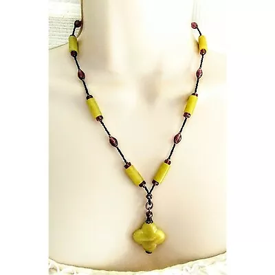 Genuine Yellow Jade Purple Crystal Black Beaded Artisan Toggle Necklace 20  • $20.99