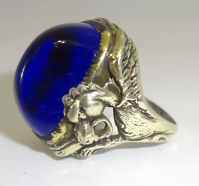 Art Deco Vintage Domed Blue Glass Cabochon Gilt Sterling Silver Dragon Ring • $149.95