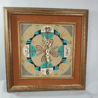 Vtg Native American Sand Art 4 Houses Of The Sun Turquoise Wall Clock Signed 12  • $40