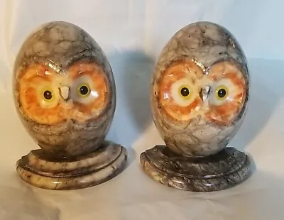 Vintage Hand Carved Alabaster Owl Bookends Yellow Glass Eyes Italy • $25