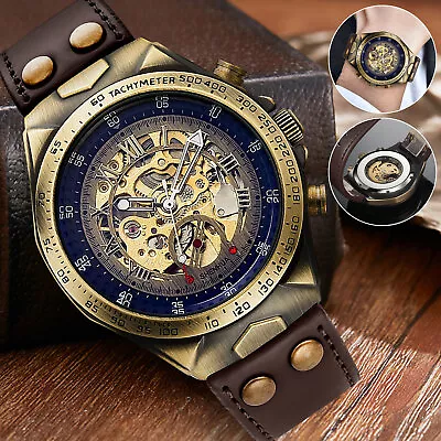 Men Stainless Steel Business Wristwatch Leather Strap Automatic Mechanical Watch • $22.48