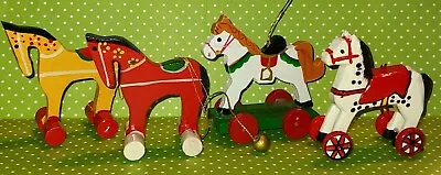 4 Vintage Wooden Horses On Wheels Christmas Tree Ornament • $21.99