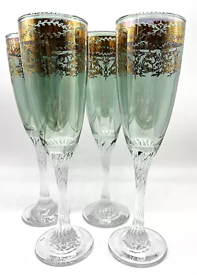 Vtg 4 Moser Style Green To Clear Twist Stem Gold Crystal Champaign Flute Glasse • $24.99