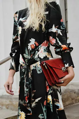 ZARA Satin Oriental Bird Print Midi Dress Black Floral Size XS Bloggers BNWT • £49.99