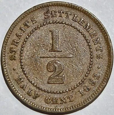 1883 British Crown Colony Straits Settlements Victoria 1/2 Cent Km-8 Scarce Coin • $15.50