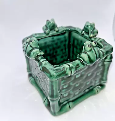 Vintage Majolica Frog Square Planter Green Glazed Bamboo Accents Cute • $17.99