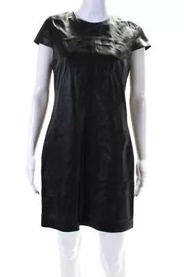 Vince Womens Crew Neck Cap Sleeve Mini Leather Sheath Dress Black Size 6 • $52.45