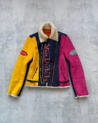 VON DUTCH Vintage Faux Suede Denim Fur Lined Colorful Jacket Coat Size S • $349.99