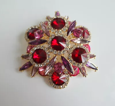 Vtg Signed Anne Klien Couture Gripoix Red Pink Rhinestone Large Pin Brooch • $250