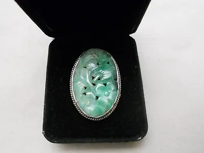 $50 • Buy Vtg Carved Large Green Jade Ring Asian Silver Size 6 Bouquet Of Flowers