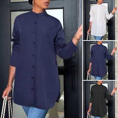 Women Long Sleeve Button Up Shirt Casual Loose Top Cuved Hem Blouse Plus Size #5 • $31.90