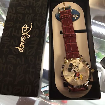 Disney Women's W001870 Mickey Mouse Gold-Tone Watch With Red Leather Band Runs • $22