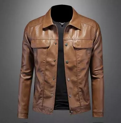 Men's Real Leather Formal Business Button Pockets Motorcycle Jacket Coat Punk  • $76.49