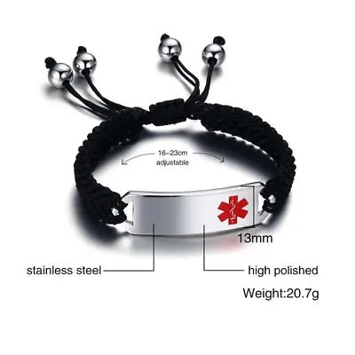 Free Engraving Medical Alert ID Men Women Bracelet Adjustable Braided Rope Band • $8.99