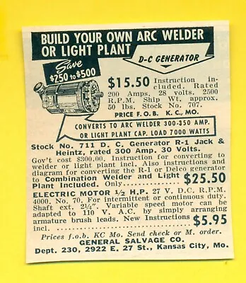 1953 D.C. GENERATOR Arc Welder Or Light Plant $15.50 MO Vintage Print Ad SV1. • $6.48