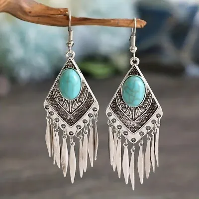 Boho 925 Sterling Silver Vintage Tibetan Tibet Turquoise Dangle Hook Earrings • $15.74