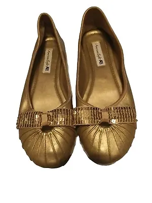 American Eagle Shoes Womens Size 5.5 Gold  Slip On Ballet Flats Sequin Bow • $11.24