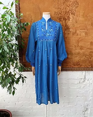 1970s Simran Cobalt Blue Indian Cotton Embroidered Smock Dress Size M • $100