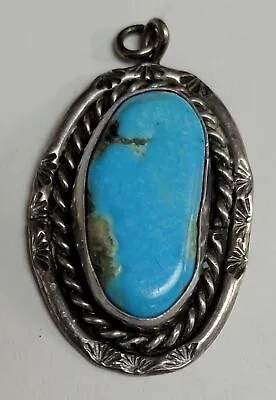 Vintage Sterling Silver Native American Navajo Turquoise Stone Cabochon Pendant • $104.99