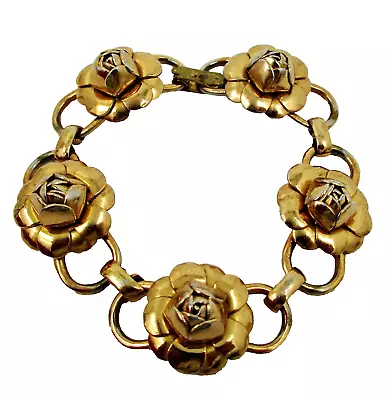 Vintage 1950s Signed CORO Gold Tone Roses Flower Link Bracelet • $46.99