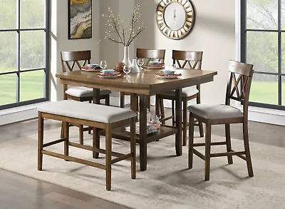 Oak Finish Counter Height Lazy Susan Dining Table Bench And Chairs Furniture • $999