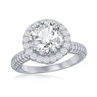 Crown Set Round CZ With Halo Micro Pave CZ Band Engagement Ring • $55