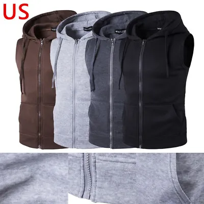 US Mens Workout Hooded Tank Tops Gym Sports Training Zip Up Vest Cut Off Hoodies • $15.88