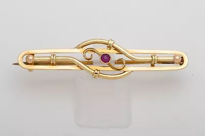 Antique 15ct Yellow Gold Brooch. 3.55 G. 5cm Long.  With Red Stone. • £95