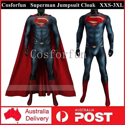 Deluxe Superman Man Of Steel Clark Kent Printed Jumpsuit Cloak Costume Cosplay • $138.59
