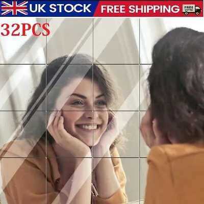 £10.49 • Buy 32X Glass Mirror Tiles Wall Sticker Self Adhesive Square Stick On Art Home Decor