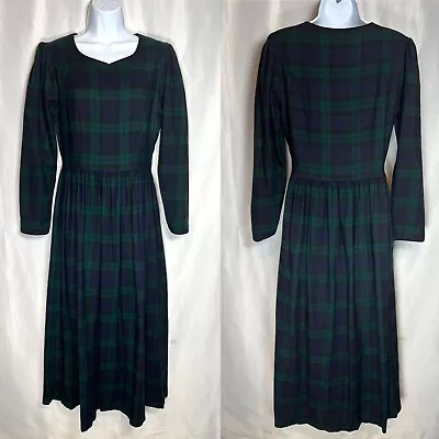 Vtg 90s Laura Ashley Plaid Dress Black Watch Tartan Women’s Sz 10 Green Blue • $98