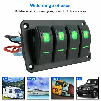 4 Gang Green LED Waterproof Rocker Switch Panel Breakers Car Marine Boat RV 12V • $18.95