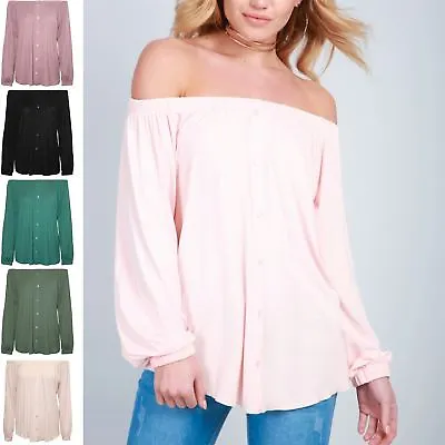 Womens Ladies Long Sleeve Off The Shoulder Elastic Front Buttons Down Bardot Top • £6.39