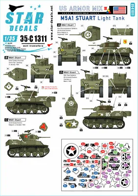 Star Decals 35-C1311 US Armored Mix # 4. M5A1 Stuart Light Tank In Europe 1/35 • £8.99