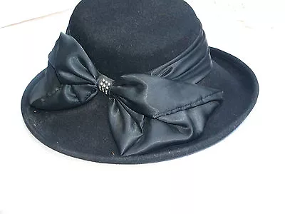 CAPPELLI Hat BLACK WOOL SATIN BOW WITH RHINESTONE CENTER 3  BRIM • $14.99