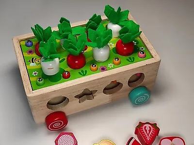 £9.90 • Buy Wooden Farm Orchard Toys Push Along Toy Play Set Fruit Shape Sorter Wood Block 