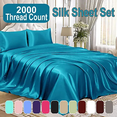 $24.22 • Buy Silk Satin 2000TC 4Pcs Sheet Set Flat Fitted Sheet&Pillowcase Double Queen King