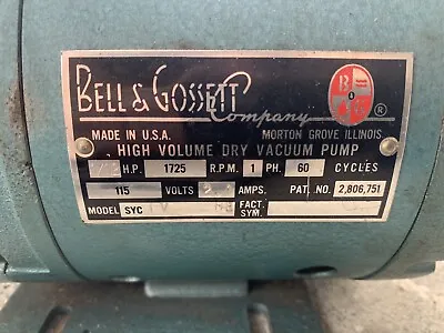 Bell & Gossett 1/12 HP 1725 Rpm P/N 2806751 High Volume Dry Vacuum Pump • $60