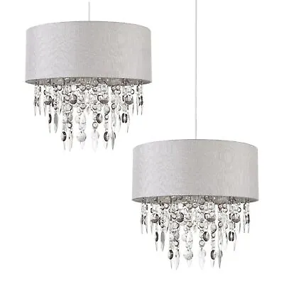 Pair Of Modern Large 40cm Easy Fit Jewelled Grey Ceiling Chandelier Lamp Shades • £74.99
