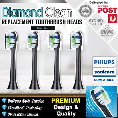 4x DIAMOND CLEAN Philips Sonicare Toothbrush Compatible Brush Heads + Covers BLK • $14.90