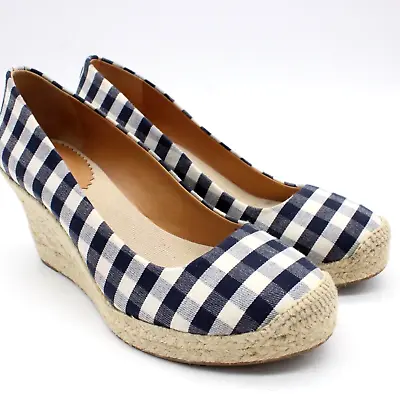 J. Crew Shoes Wedge Heel Womens Blue White Gingham Plaid Espadrille Size 8 • $18