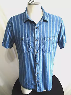 Madewell Blue Striped Short Sleeve Button Up Casual Cotton Chambray Shirt Men L • $18.89