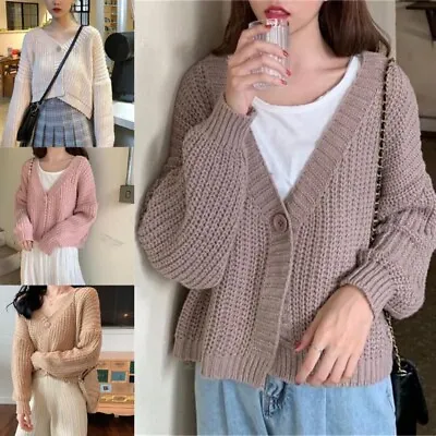 Womens Korean Style V-Neck Loose Knitted Sweater Loose Cardigan Coat Open Front • $27.95