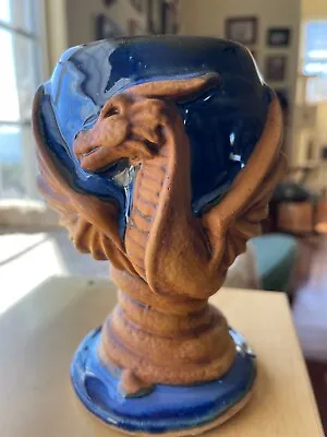 $25 • Buy Vintage Studio Art Pottery Winged Dragon Cobalt Blue Goblet Chalice