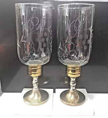 VTG Pair Marble Base Brass & Glass Chimney ETCHED GRAPES & LEAVES Candle Holders • $30.50