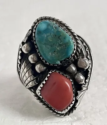 Vintage Navajo Sterling Silver Mens Turquoise & Coral Ring Signed PB Size 10.5 • $125