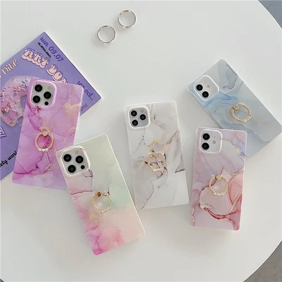$14.72 • Buy Square Marble Case For IPhone 11 12 13 Pro Max 7 8 + XR Cover With Ring Holder