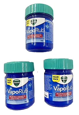 3PCS Vicks VapoRub Ointment 25ml Relieves 6 Cough & Cold Symptoms Travel Size • $10.99